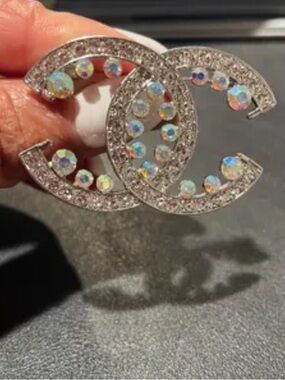 Iridescent Crystal Double-C Brooch in Silver